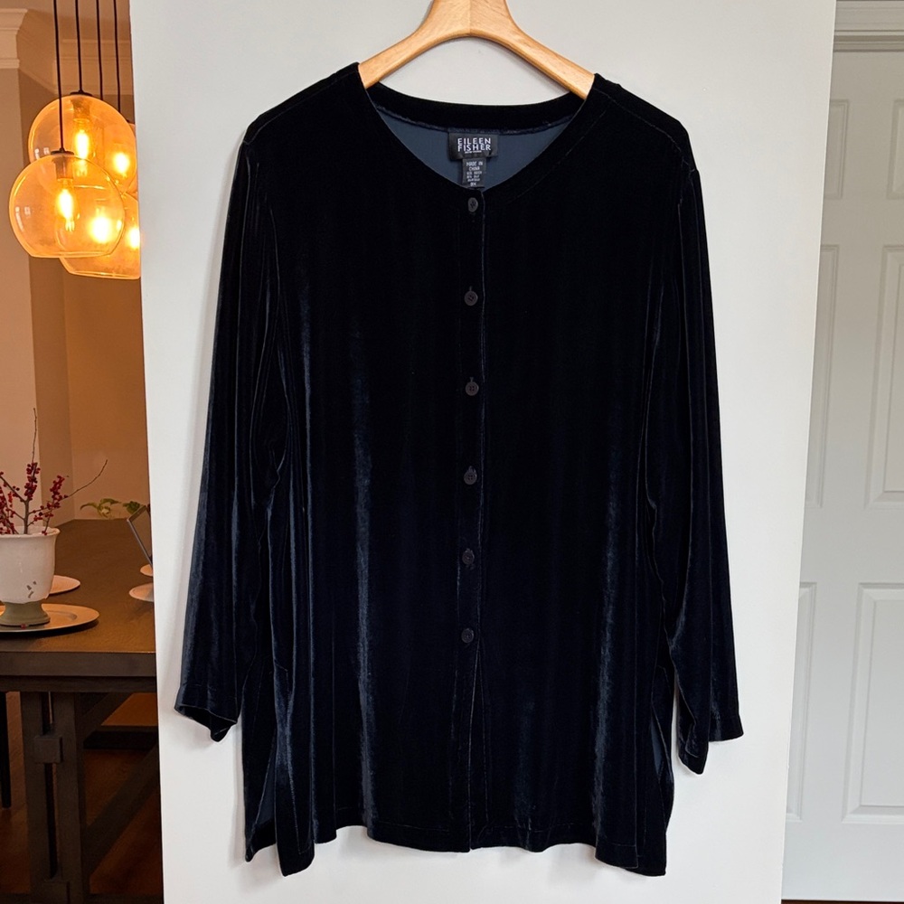 Eileen Fisher Velvet Button Front Tunic Top Minimalist Chic
